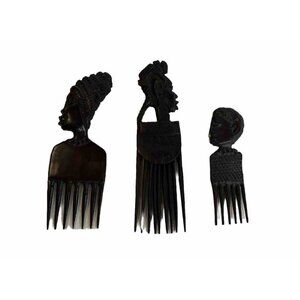 3 Vintage Tribal African Hair Combs Folk Art Figural Family